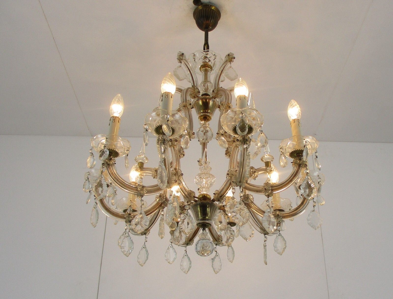 Chandelier 10 Arms Lights Brass Christal  Prisms Hollywood Regency Marie Therese photo furniture