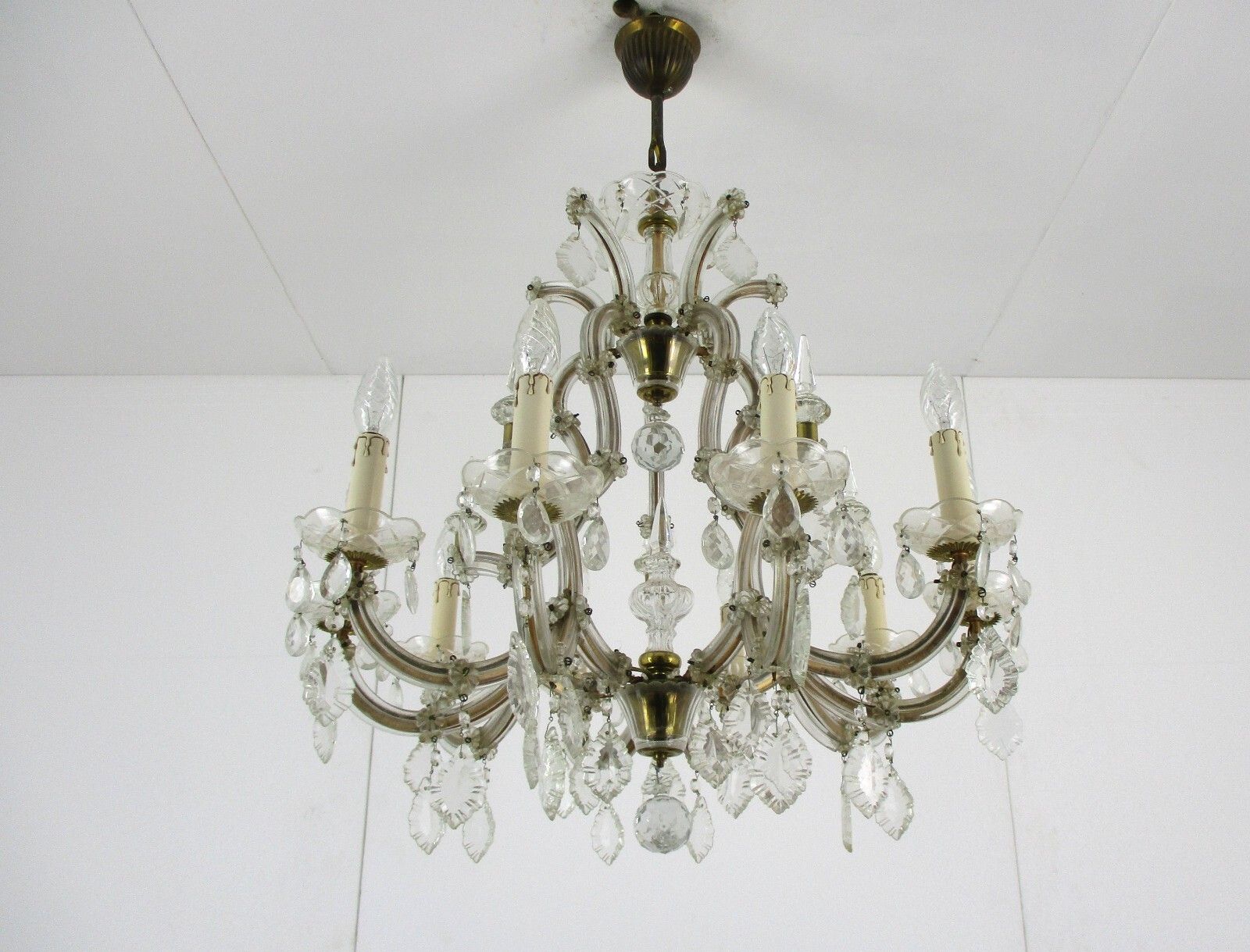 Chandelier 10 Arms Lights Brass Christal  Prisms Hollywood Regency Marie Therese photo 723.0