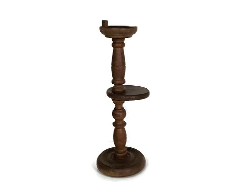 Pedestal Carved Wood Vintage Plant Stand Side Bonsai Table Barn Style Two Tier