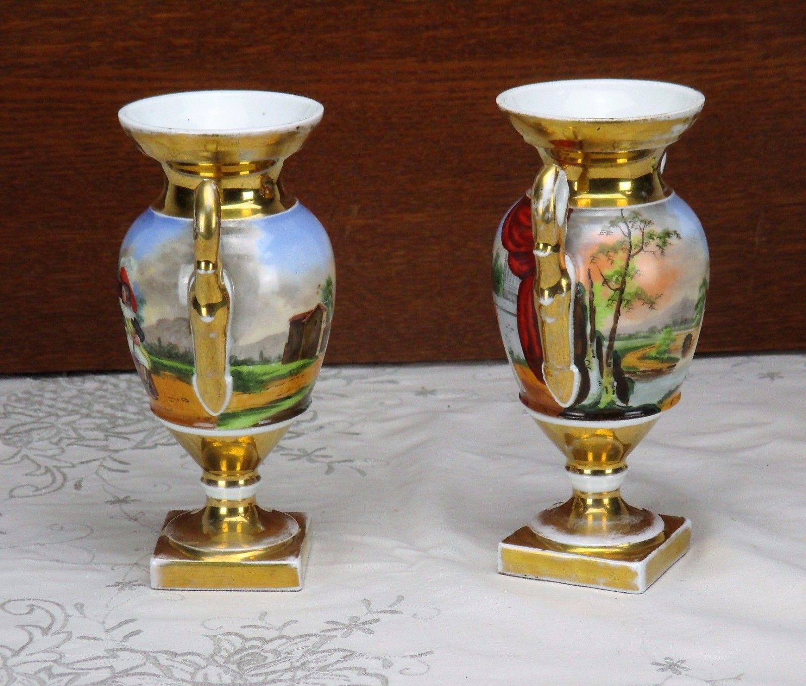 Couple Antique Vieux Paris Porcelain Vases French Landscape France photo Home Decor