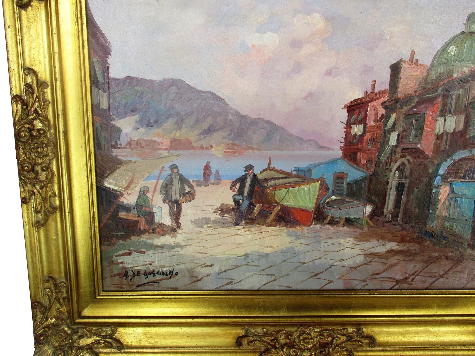 A. De Gugliemo Italian Fisherman Village Boats Lovely Xl Oil Painting Canvas Fra photo furniture