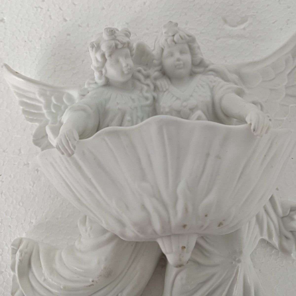 Bisque Porcelain Antique Holy Water Font Vessel Angels Gorgeous Christianity photo furniture