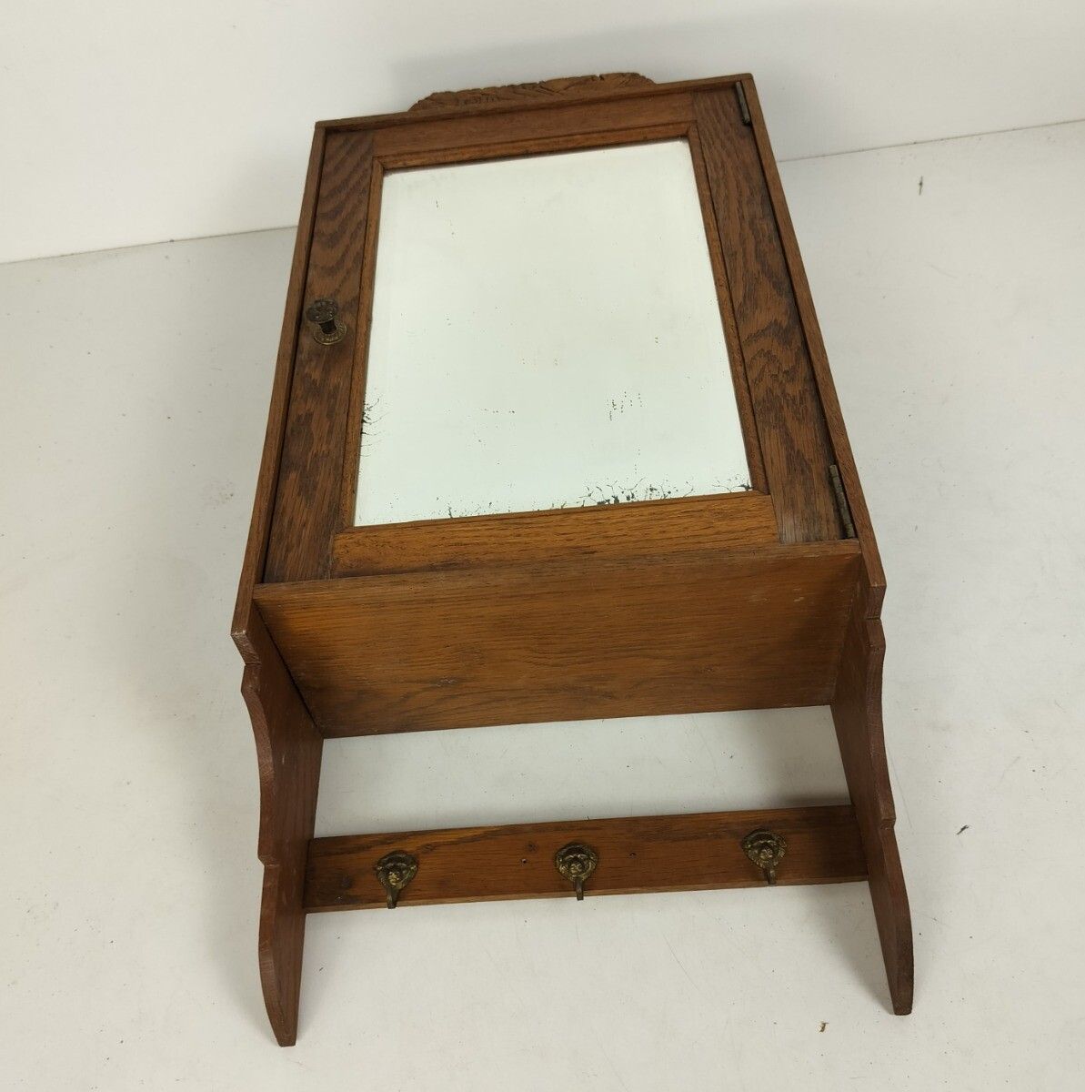Antique Medicine Apothecary, Pharmacy, Cabinet, Beveled Glass,  Hooks Pediment O photo for sale