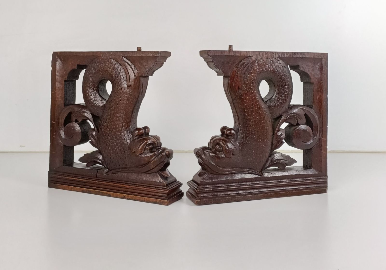 Antique Pair Corbels Hand Carved Wood Mythological Fish Architectural Reclaimed photo furniture