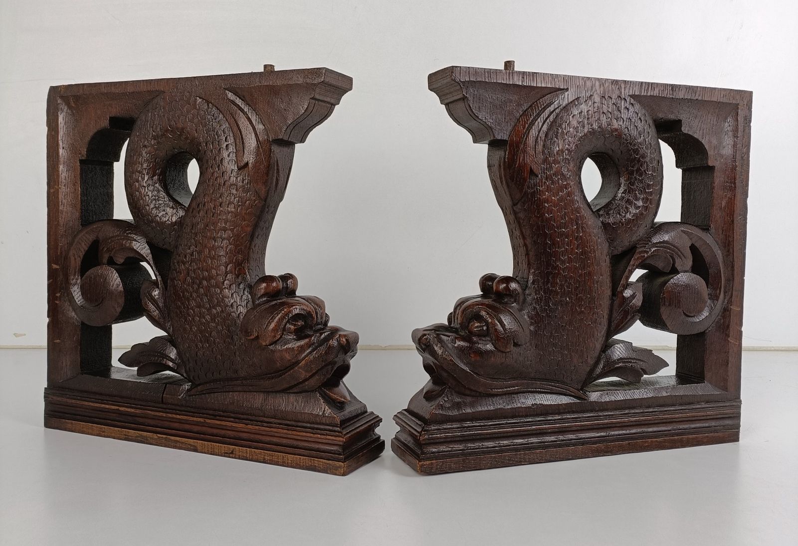 Antique Pair Corbels Hand Carved Wood Mythological Fish Architectural Reclaimed photo for sale