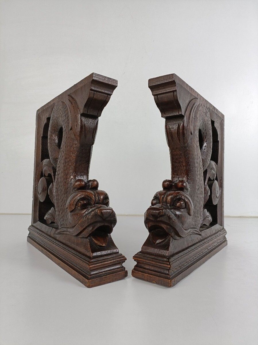 Antique Pair Corbels Hand Carved Wood Mythological Fish Architectural Reclaimed photo Home Decor