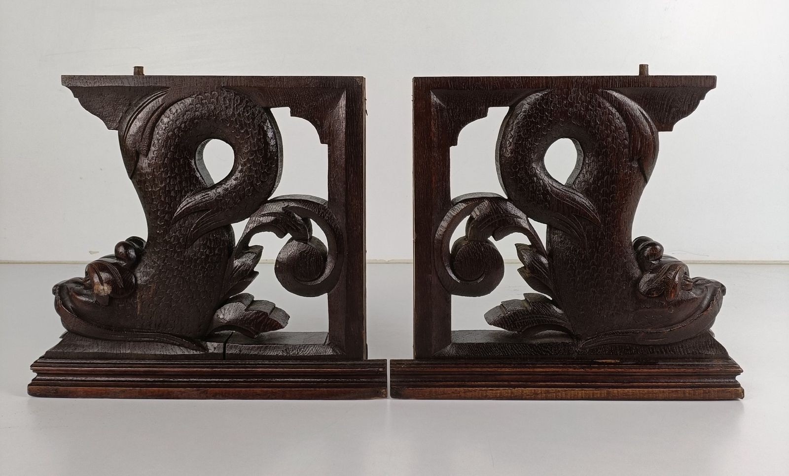 Antique Pair Corbels Hand Carved Wood Mythological Fish Architectural Reclaimed photo vinterior