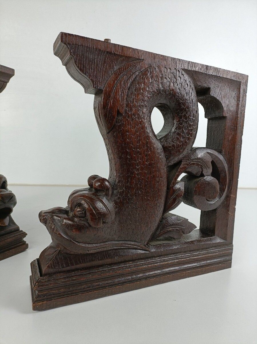 Antique Pair Corbels Hand Carved Wood Mythological Fish Architectural Reclaimed photo buy