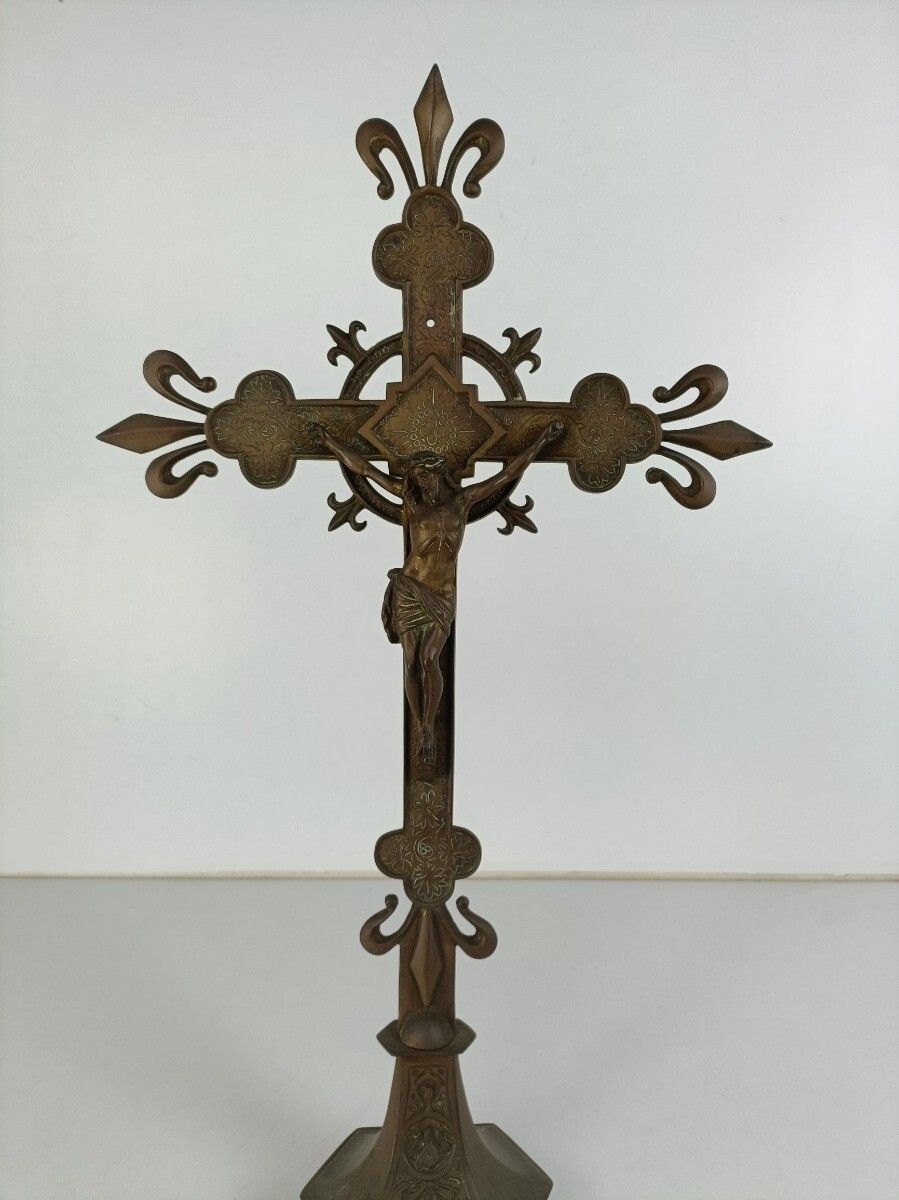 Standing Table Altar Crucifix Cross Ornate Brass Jesus Christ French Fleur De Li photo for sale