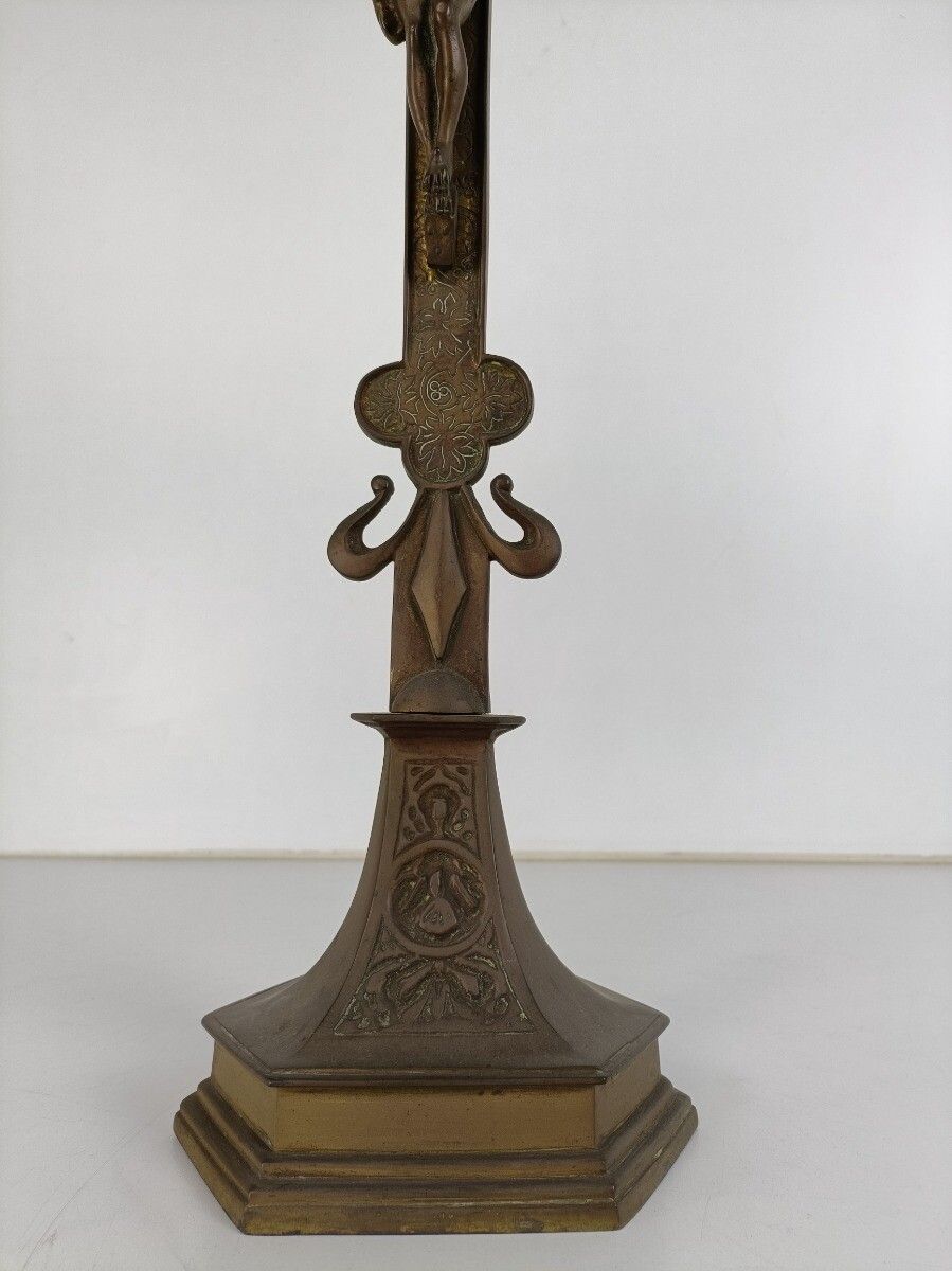 Standing Table Altar Crucifix Cross Ornate Brass Jesus Christ French Fleur De Li photo buy