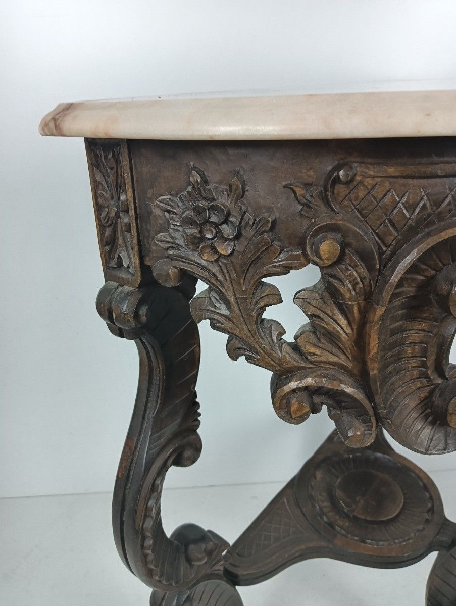 728.0 Stunning Carved Wooden Console Wall End Table Hallway Marble Top Antique Wow photo