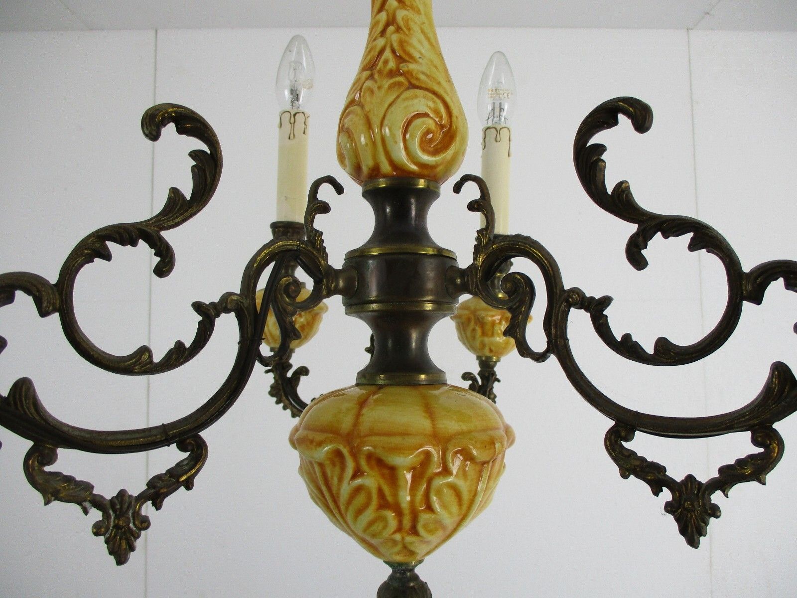 Chandelier 6 Arms Lights Ceramic Porcelain Ceramic  Brown Mid Century Italy photo vinterior