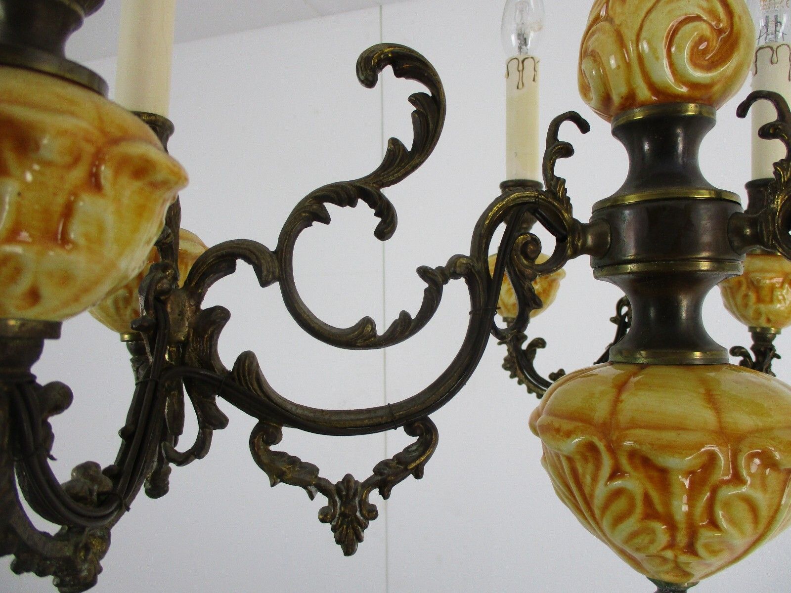 Chandelier 6 Arms Lights Ceramic Porcelain Ceramic  Brown Mid Century Italy photo buy