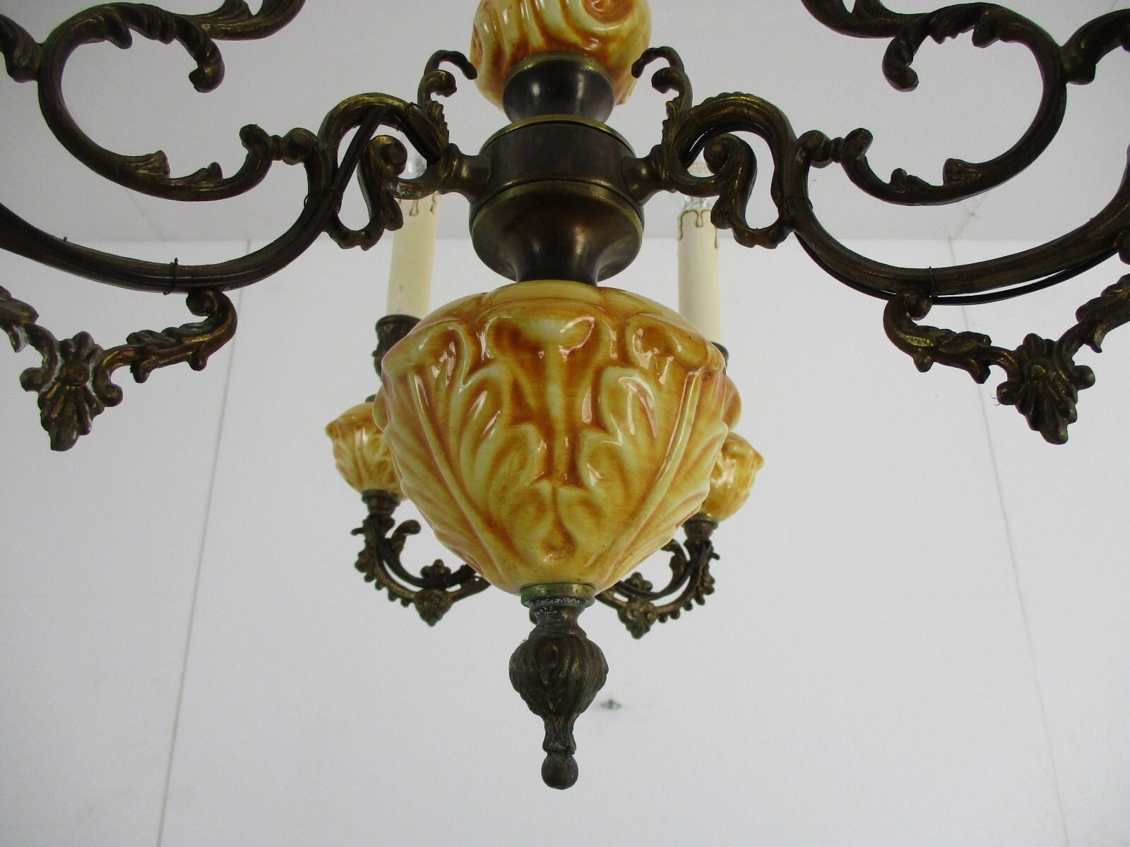 Chandelier 6 Arms Lights Ceramic Porcelain Ceramic  Brown Mid Century Italy photo vintage