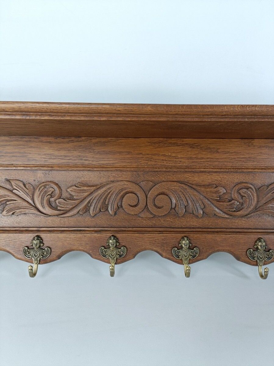 Antique Carved Wood Coat Kitchen Hat Rack Hand Carved Wood Oack Angel Hooks photo buy