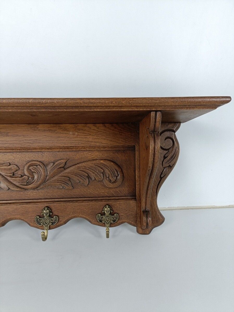 Antique Carved Wood Coat Kitchen Hat Rack Hand Carved Wood Oack Angel Hooks photo vintage