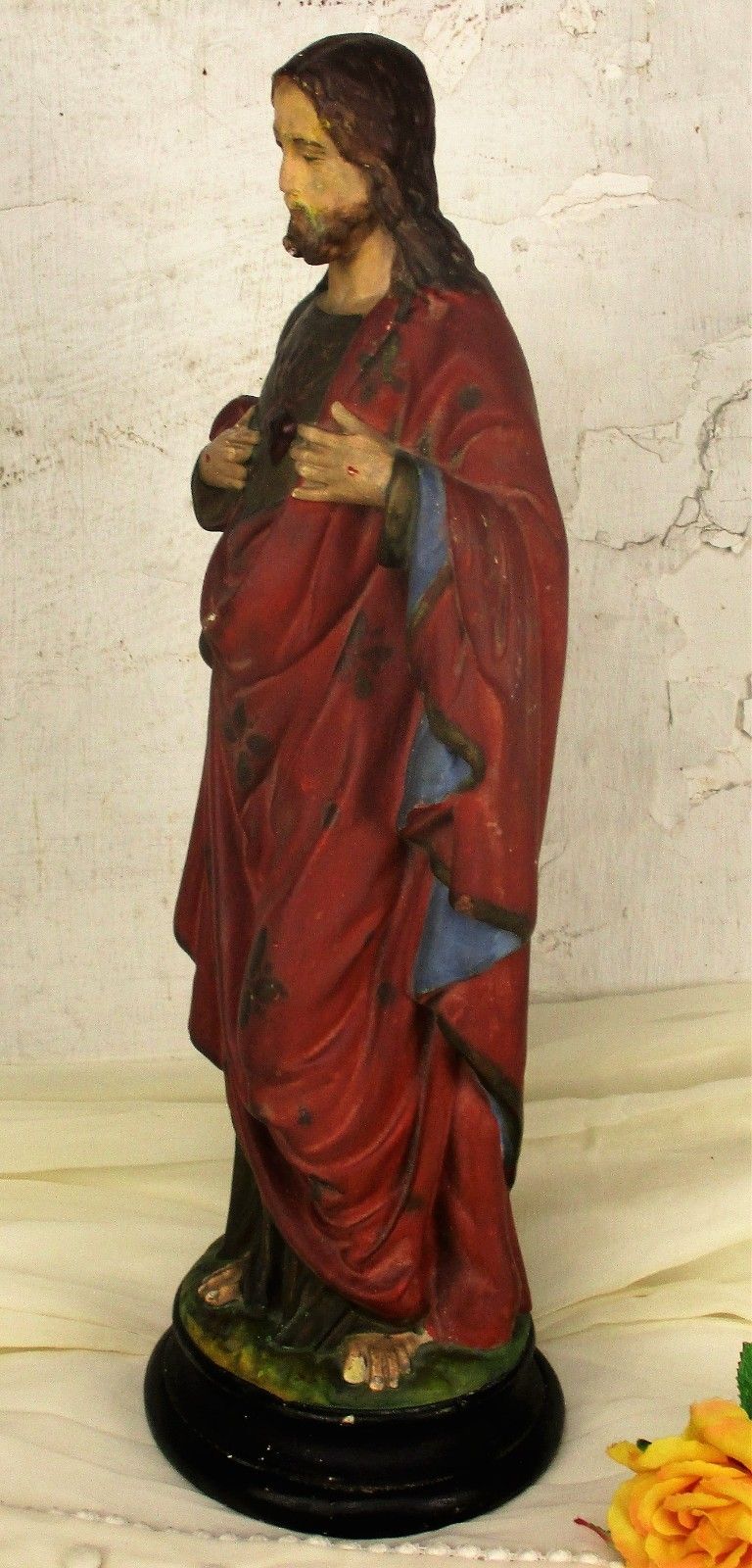 Antique Statue Jesus Christ Sacred Heart Neo Gothic 1900 Polychrome 16.53" photo for sale