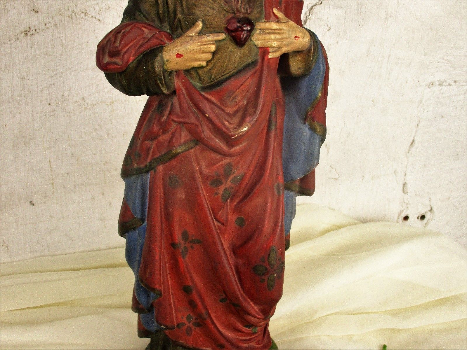 Antique Statue Jesus Christ Sacred Heart Neo Gothic 1900 Polychrome 16.53" photo Art