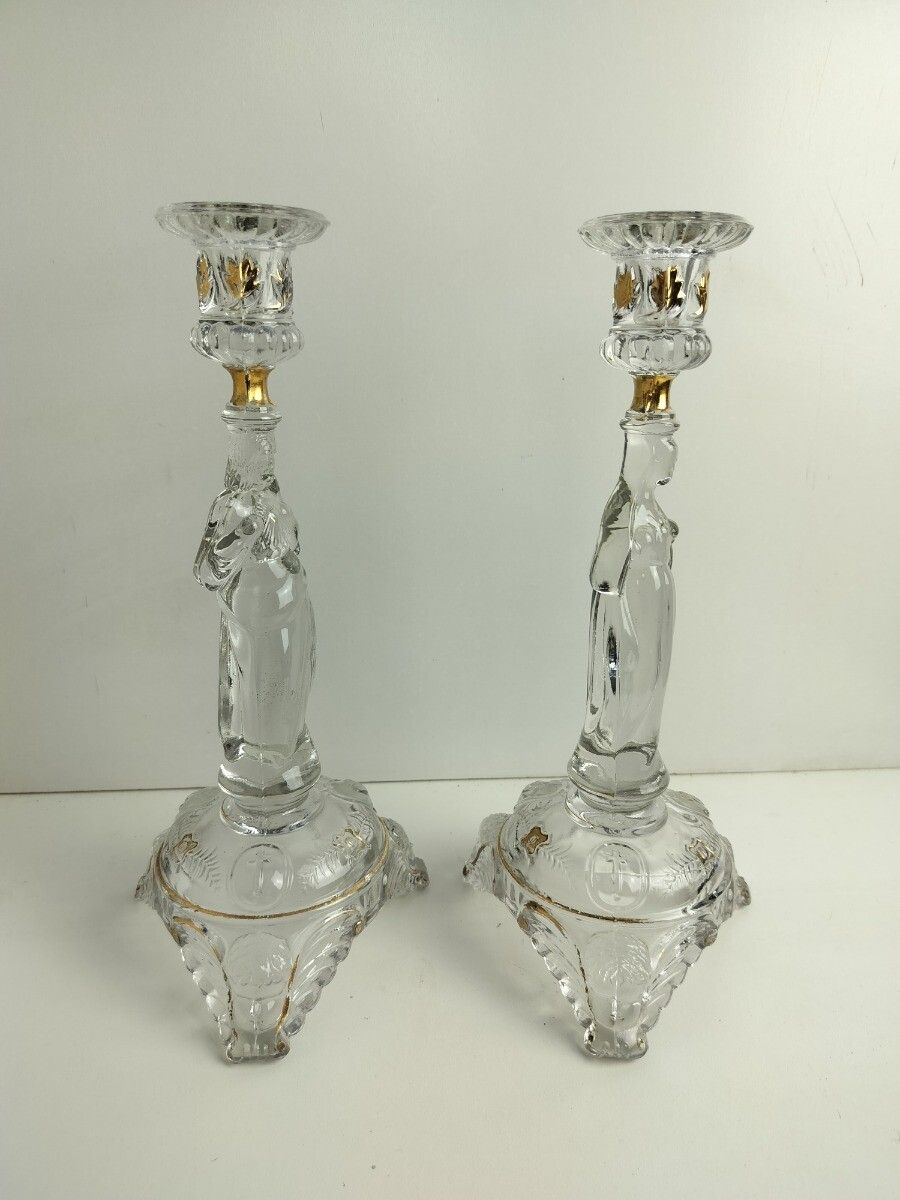 Couple Candle Holders Art Glass Gold Touches  Holy Heart Virgin Mary Christ Pris photo buy