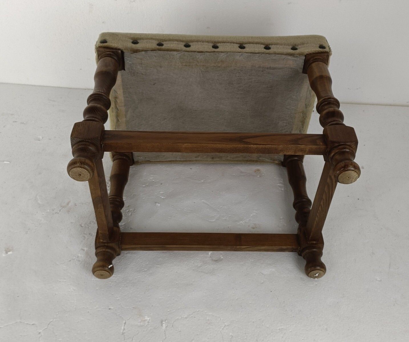 photo furniture Footstool Ottoman Wooden Legs Green Fabric  Hobnails Mid Century Modern Vintage