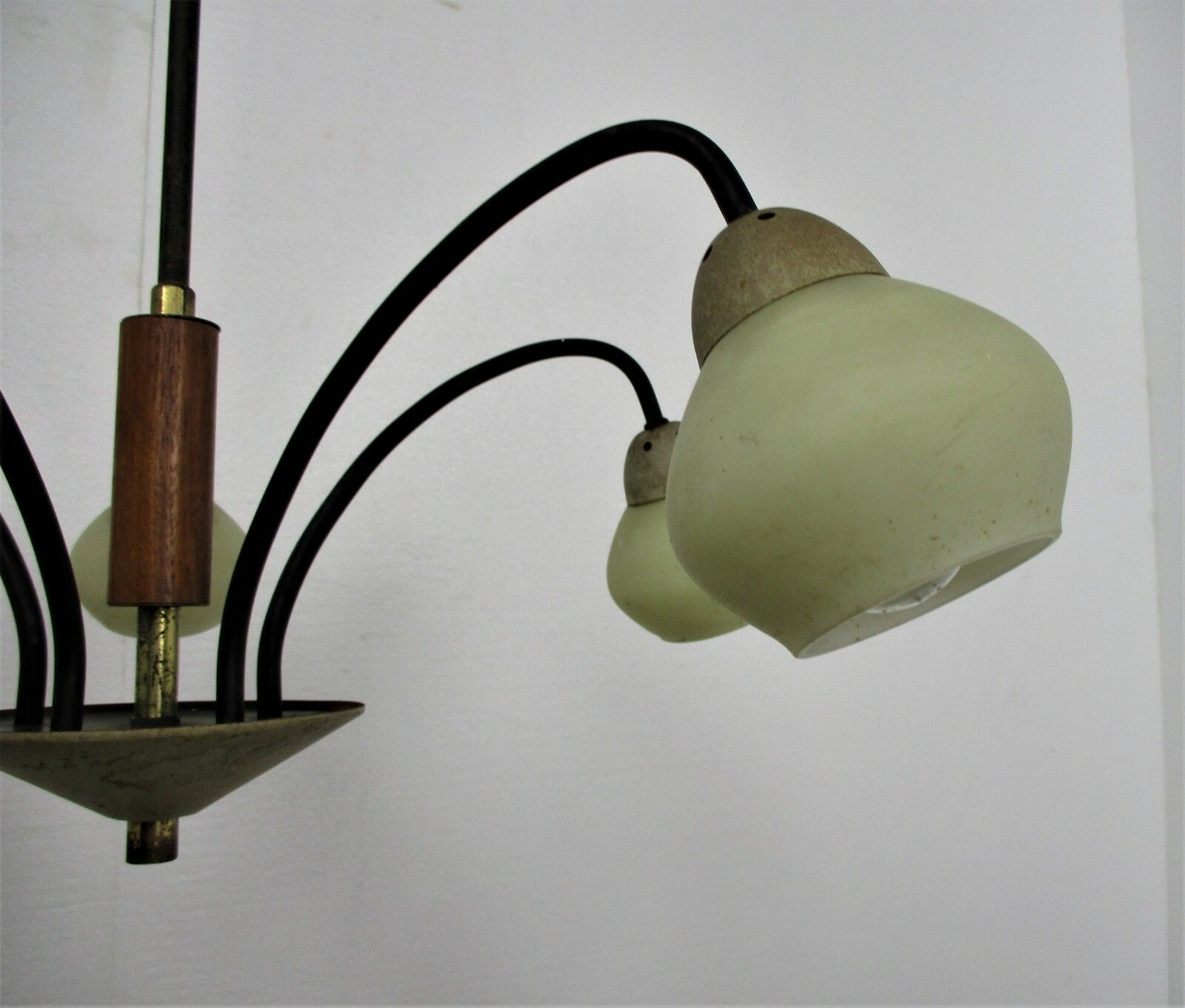 Mid Century Danish Modern Spider Chandelier Wood  Glass Shades  5 Lights photo for sale