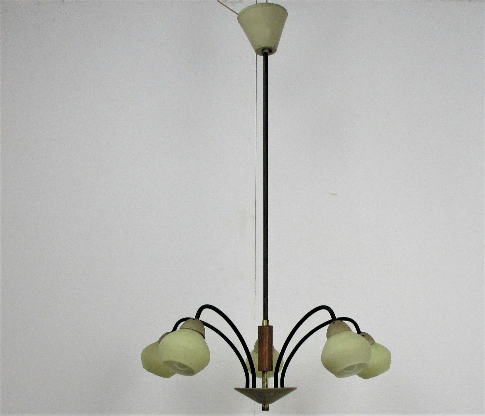 Mid Century Danish Modern Spider Chandelier Wood  Glass Shades  5 Lights photo vinterior