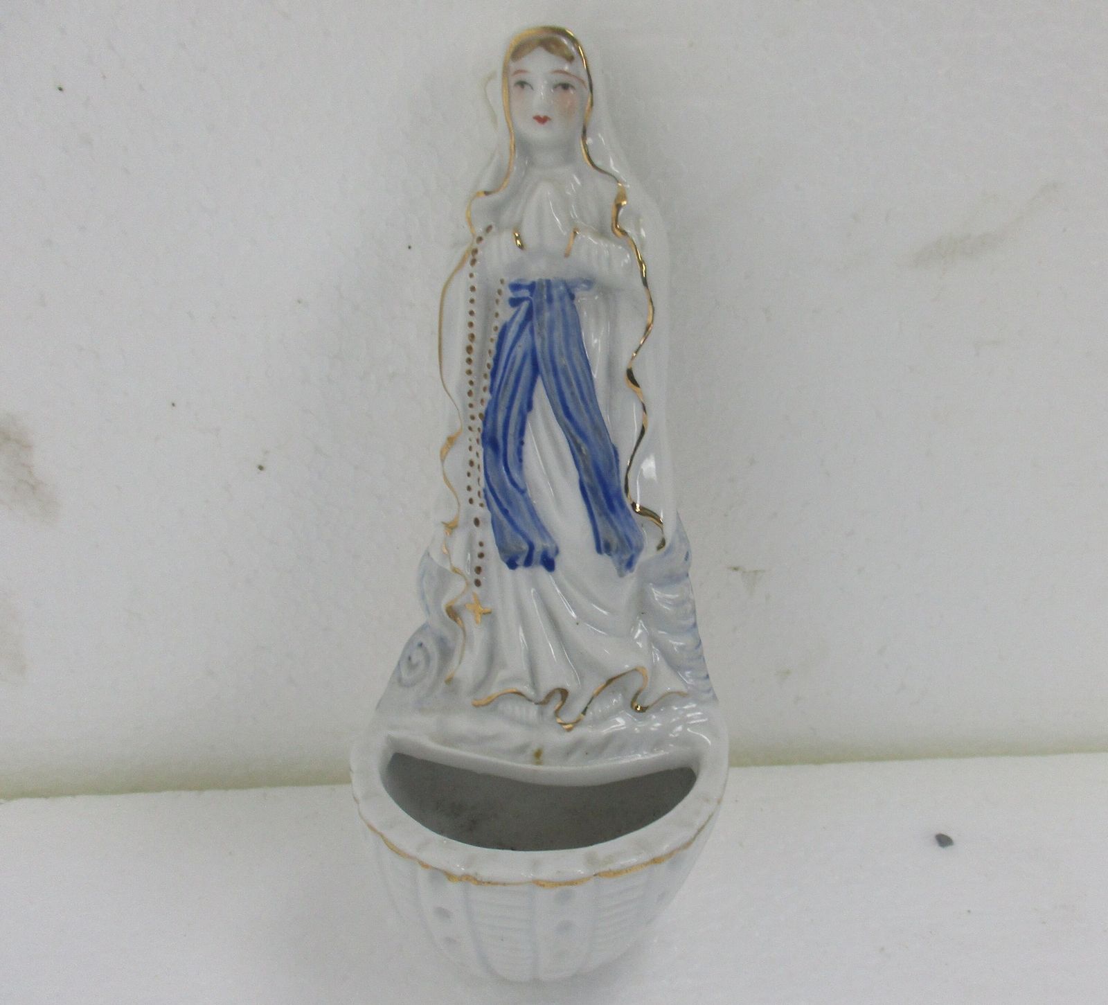 Antique French Holy Water Font Vessel Bisque Porcelain Virgin Mary Madonna 1905 photo furniture