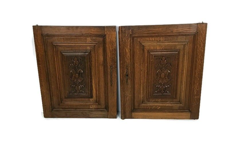 Pair Antique Hand Carved Wood Door Panels Reclaimed Architectural Flowers  Love