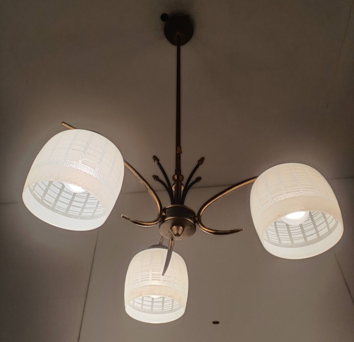 Chandelier Fixture 3 Arm 3 Lights Vintage Stilnovo Style Retro  Brass Glass Shad photo furniture