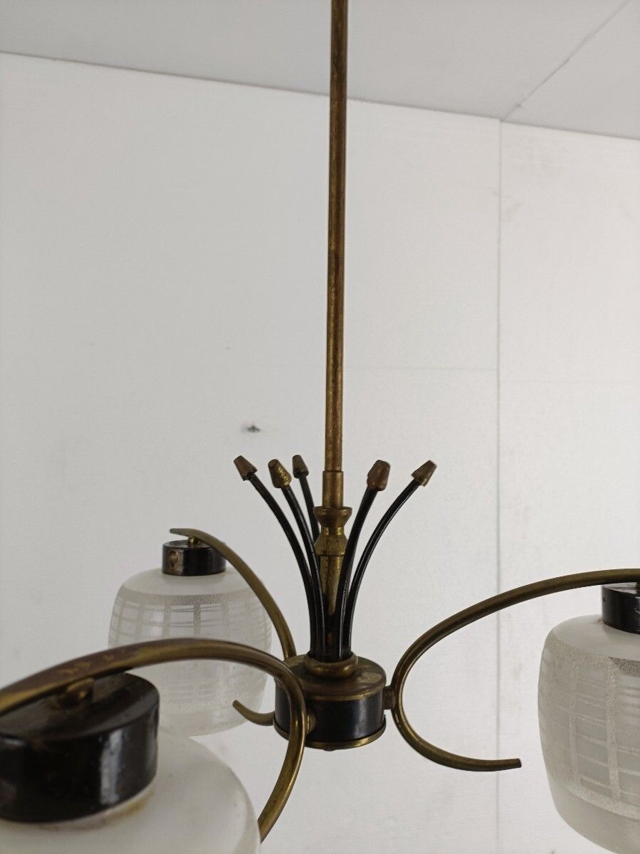 Lighting Chandelier Fixture 3 Arm 3 Lights Vintage Stilnovo Style Retro  Brass Glass Shad photo