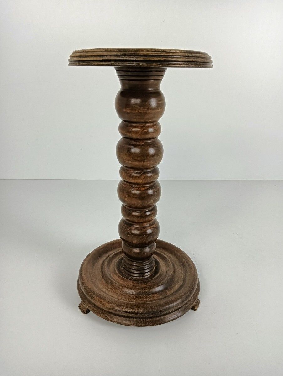 Vintage Bobbin Stem Pedestal Plant Stand Carved Wood Side Table Farmhouse Style photo furniture
