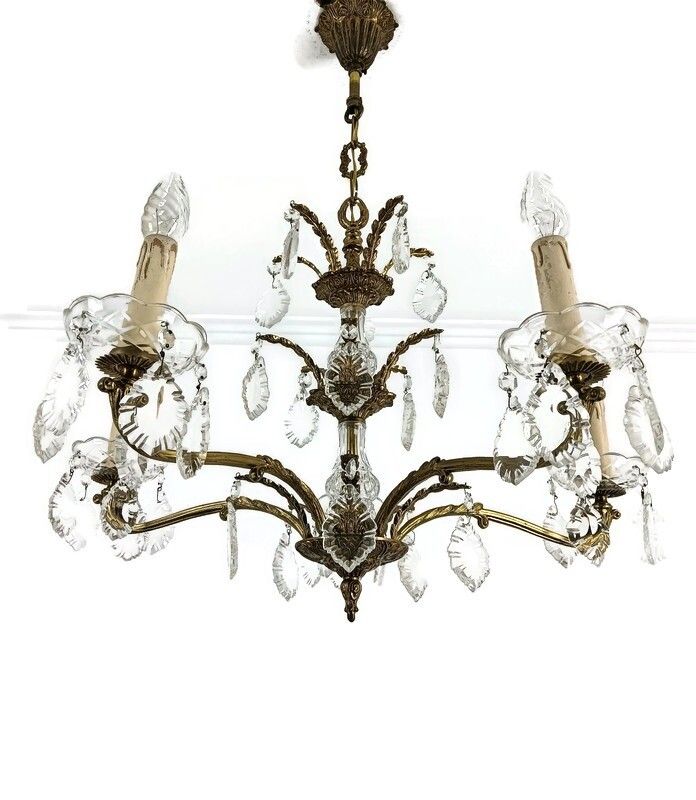 France Chandelier Bronze With Art Glass Prisms 6 Lights Vintage Stylish