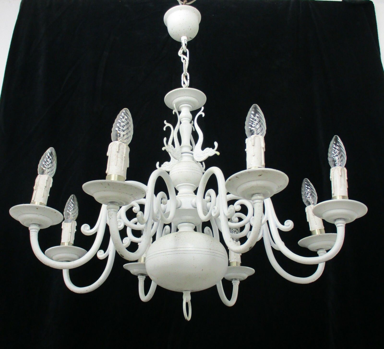 White Vintage Flemish Dutch  Chandelier 8  Arm Lights Barn Country Farmhouse photo for sale