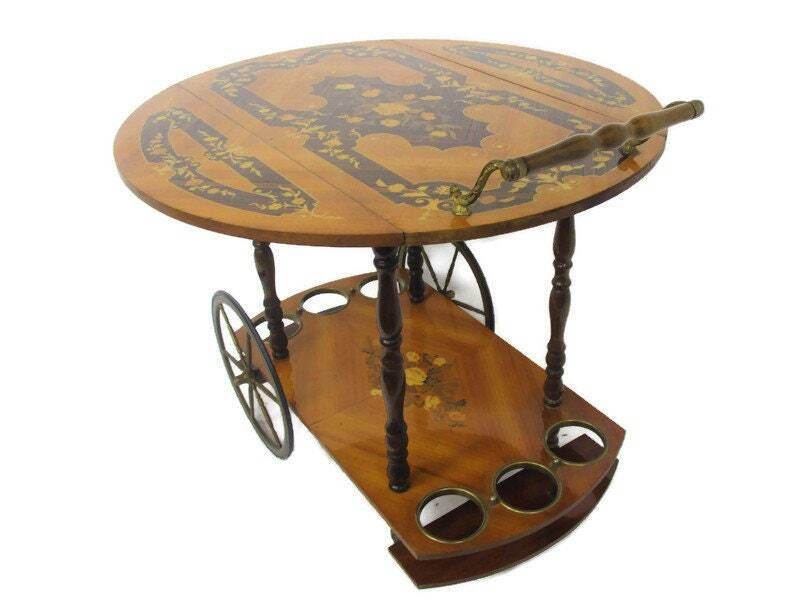 Retro Bar Cocktail Tea Entertainment Cart Trolley Inlay Marquetry Gate Leg Italy
