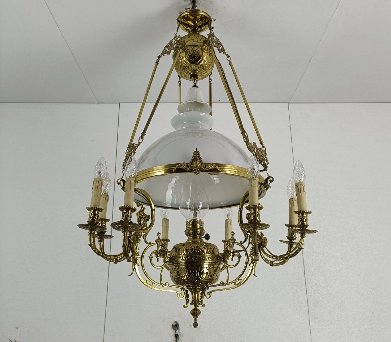 Art Nouveau Xl Chandelier Bronze Dore Copper Opanine Glass Shade 10 Lights photo for sale