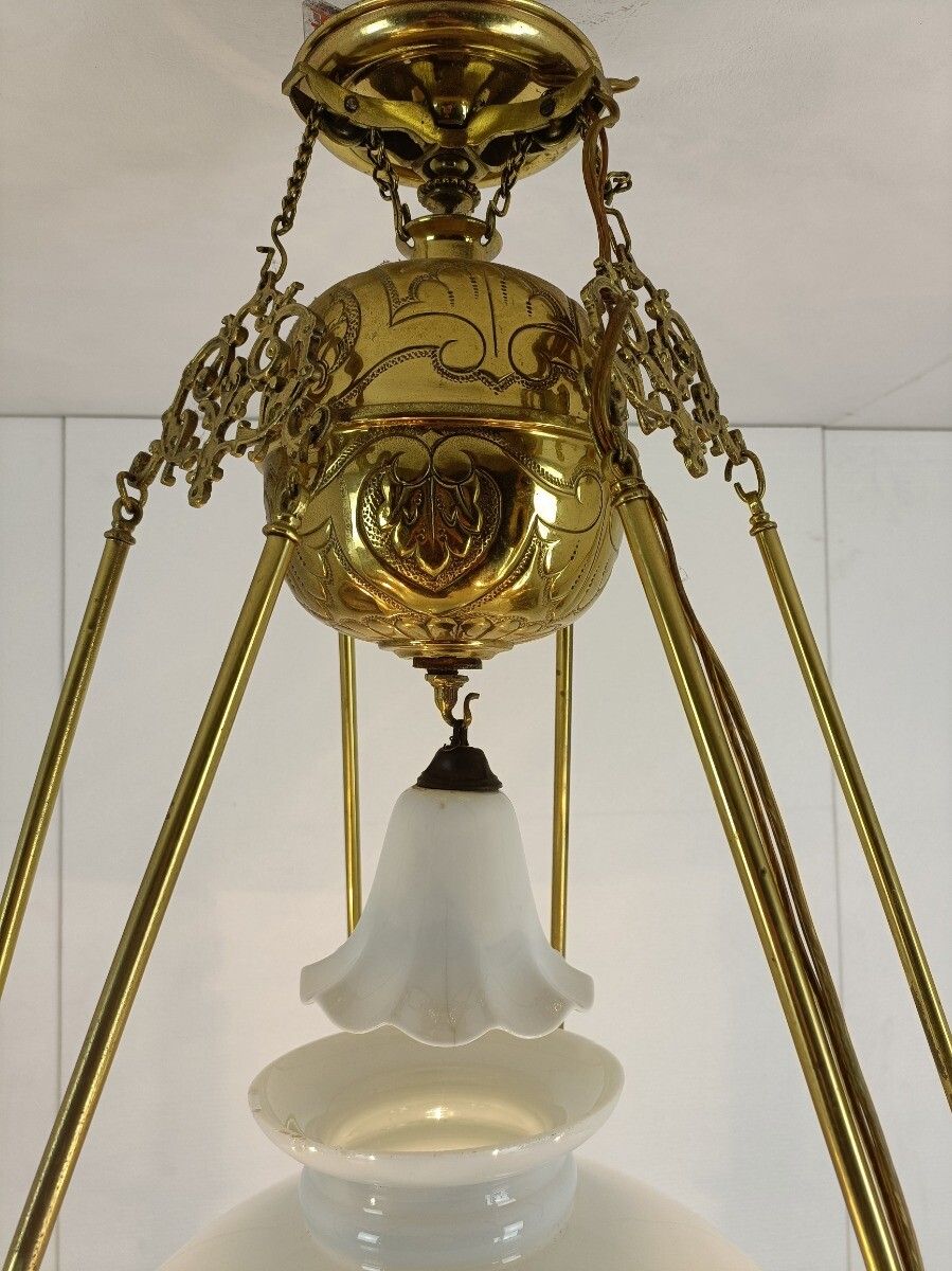 Lighting Art Nouveau Xl Chandelier Bronze Dore Copper Opanine Glass Shade 10 Lights photo