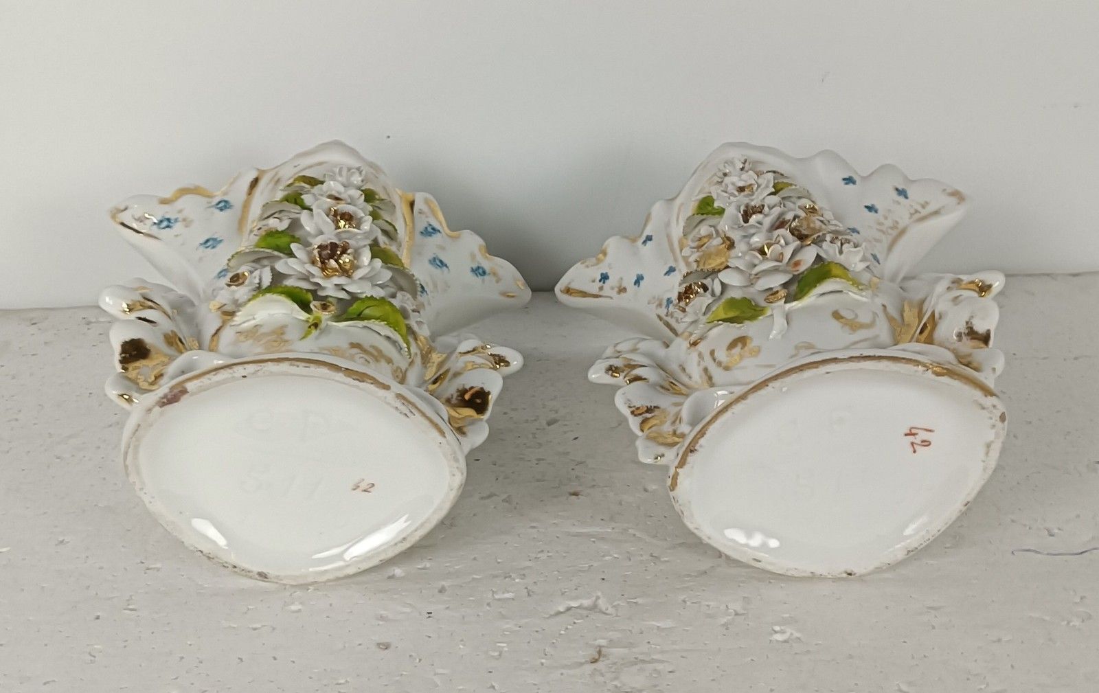 Couple Antique Vieux Paris Porcelain Fan Flair Bridal Vases Flower Bouquet Frenc photo buy