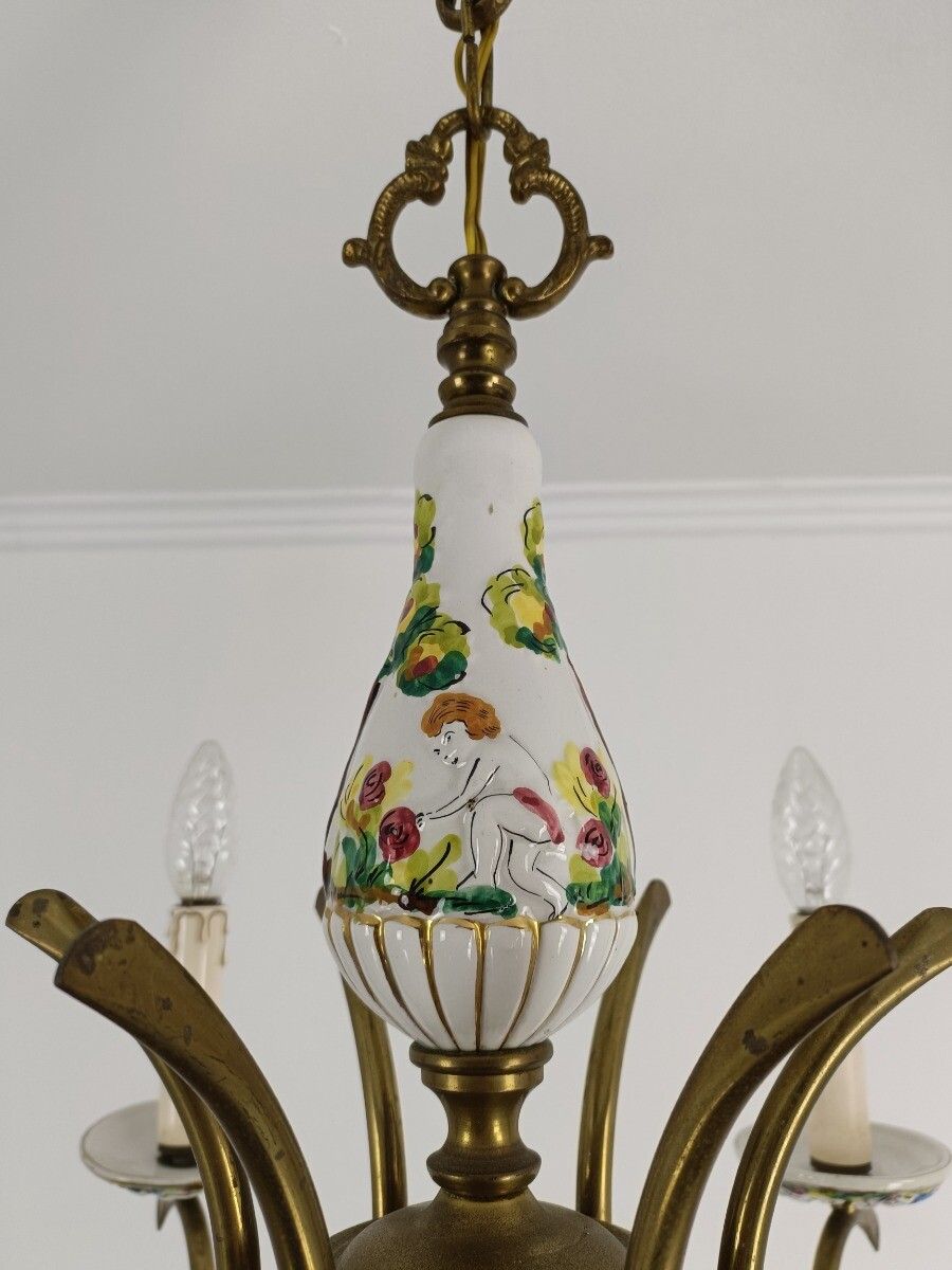 Vintage Chandelier Fixture Light Porcelain Capodimonte Style 6 Lights 6 Arm photo vinterior