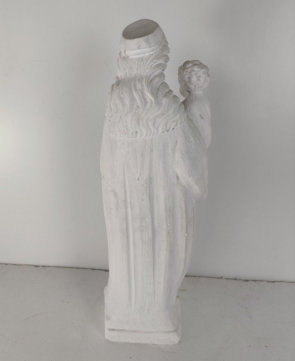 White Painted Plaster Statue Virgin Mary Infant Jesus Vintage Madonna Holding Sc photo for sale