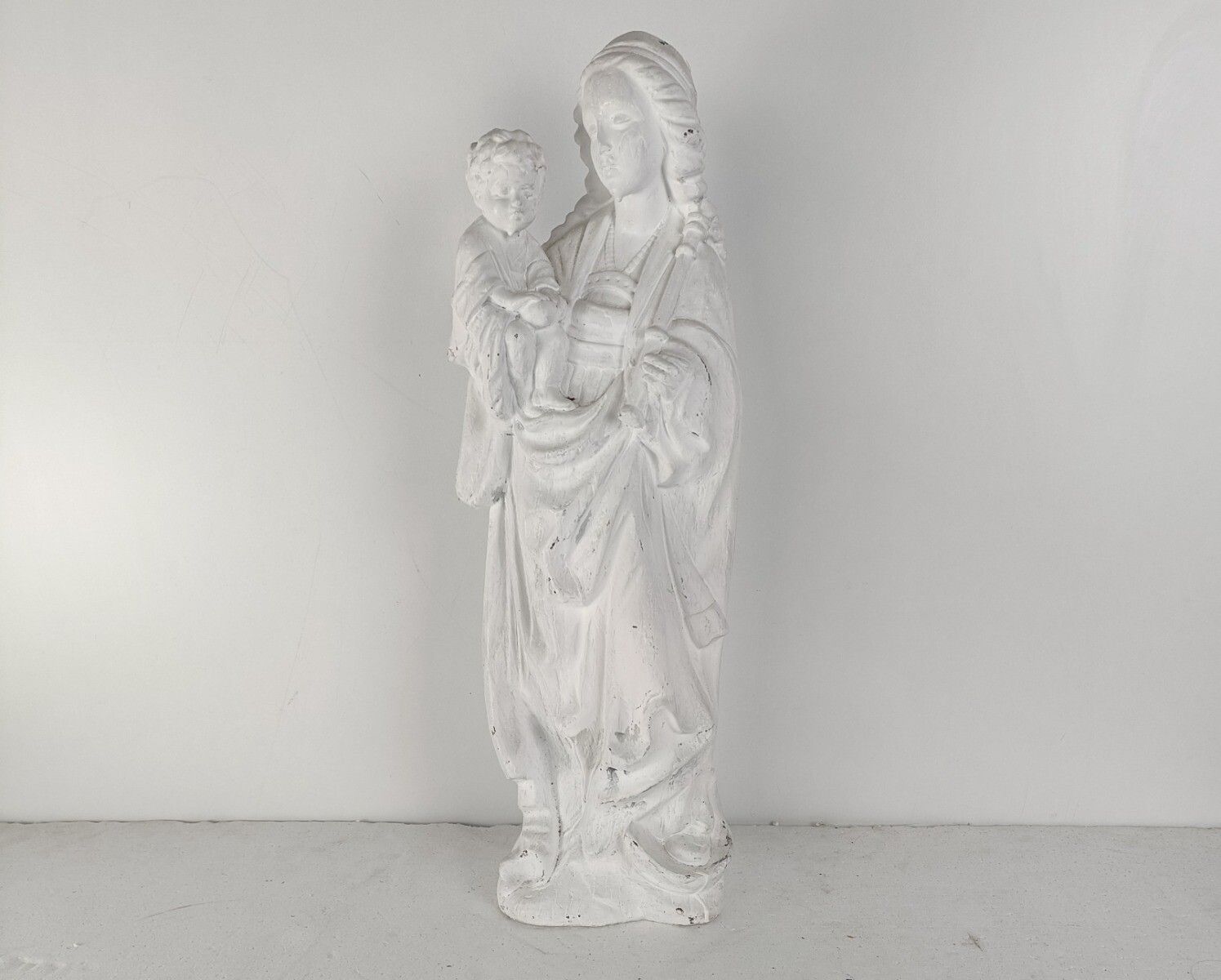 White Painted Plaster Statue Virgin Mary Infant Jesus Vintage Madonna Holding Sc photo 182.0