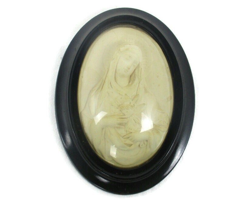 Antique Oval Ornate Wooden Frame  Convex Glass Dome Virgin Mary Madonna Holy Hea
