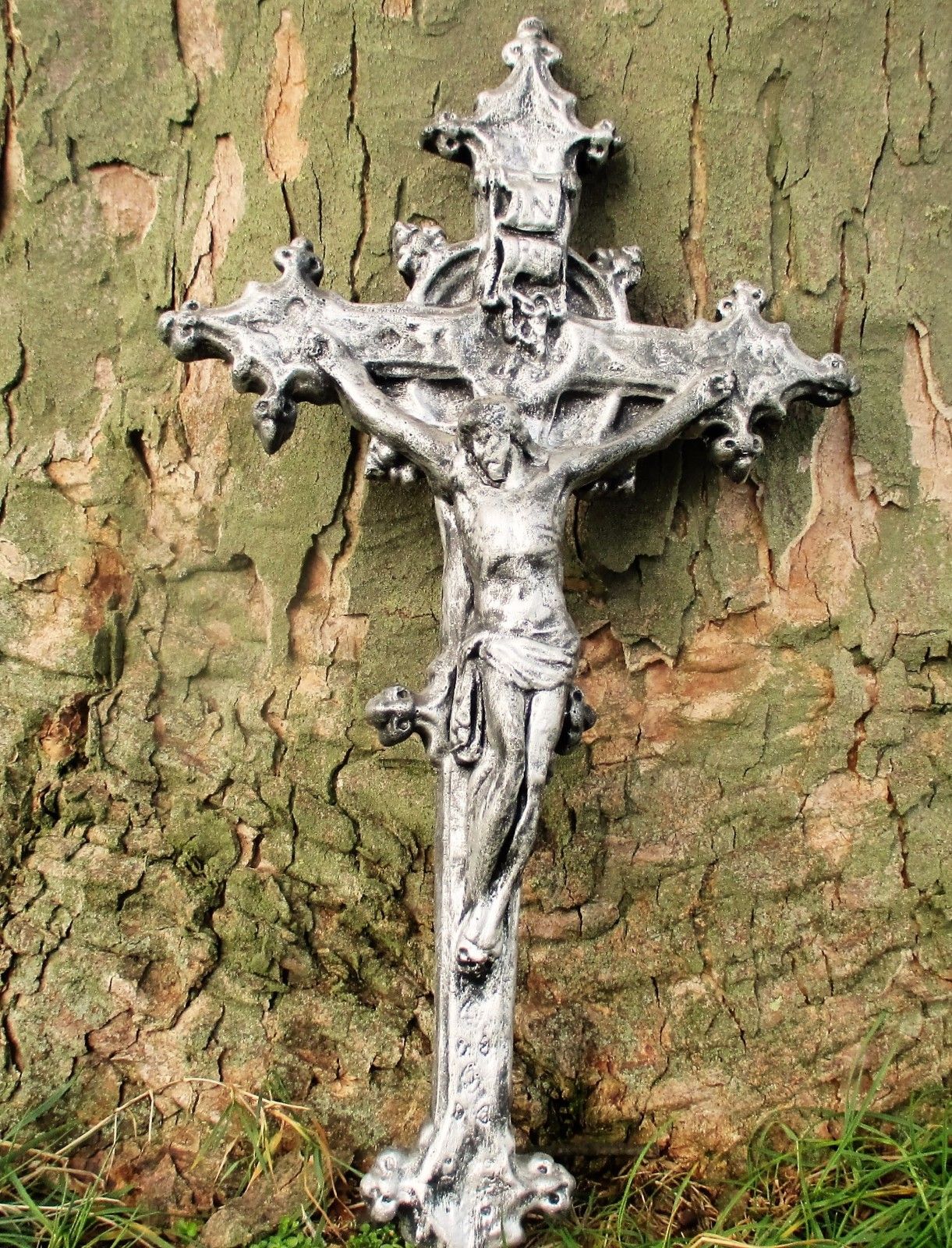 Large Completely Plaster Hanging Crucifix Cross Jesus Christ  Silver  21.46" photo furniture