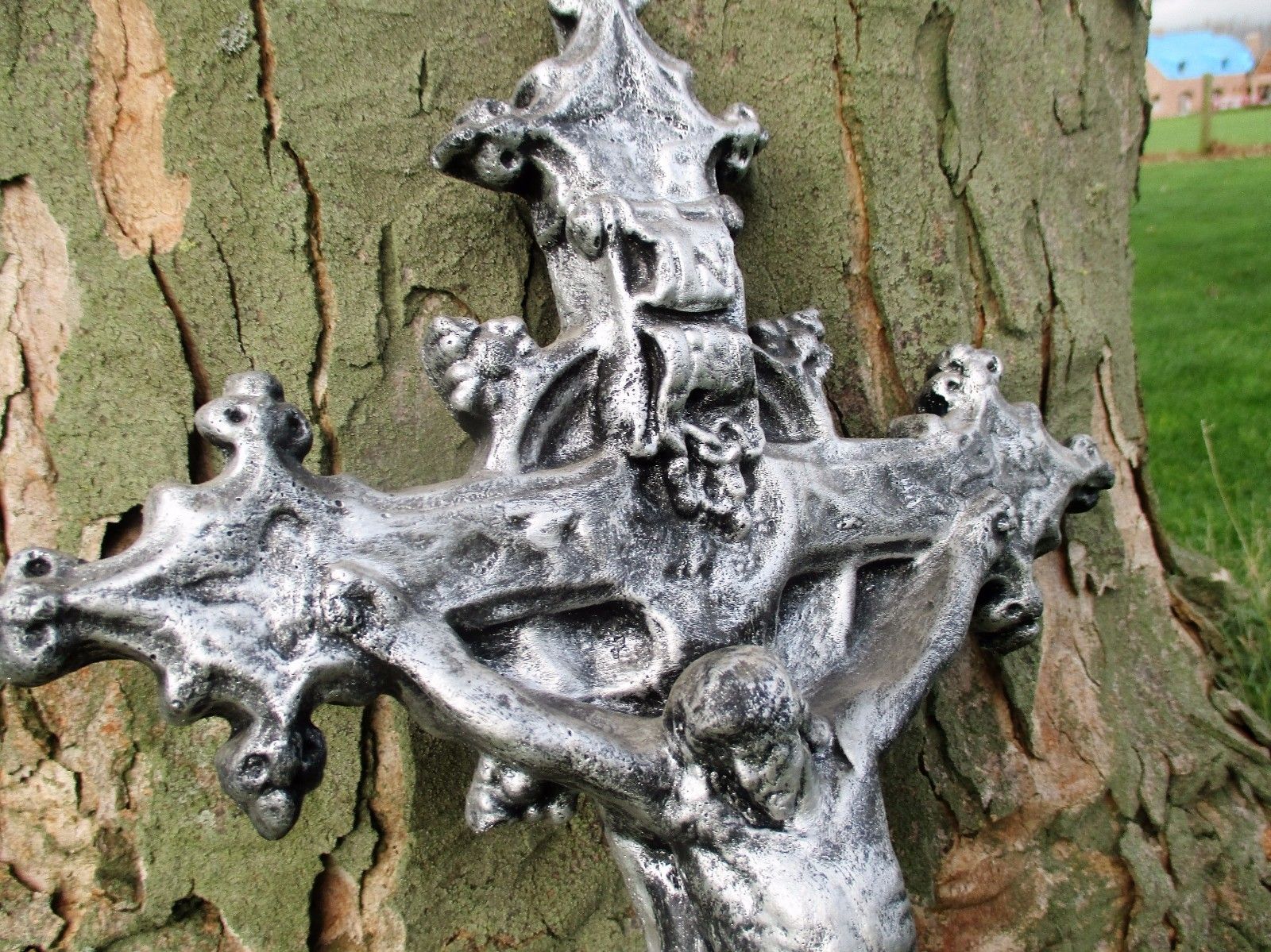 Large Completely Plaster Hanging Crucifix Cross Jesus Christ  Silver  21.46" photo 81.0