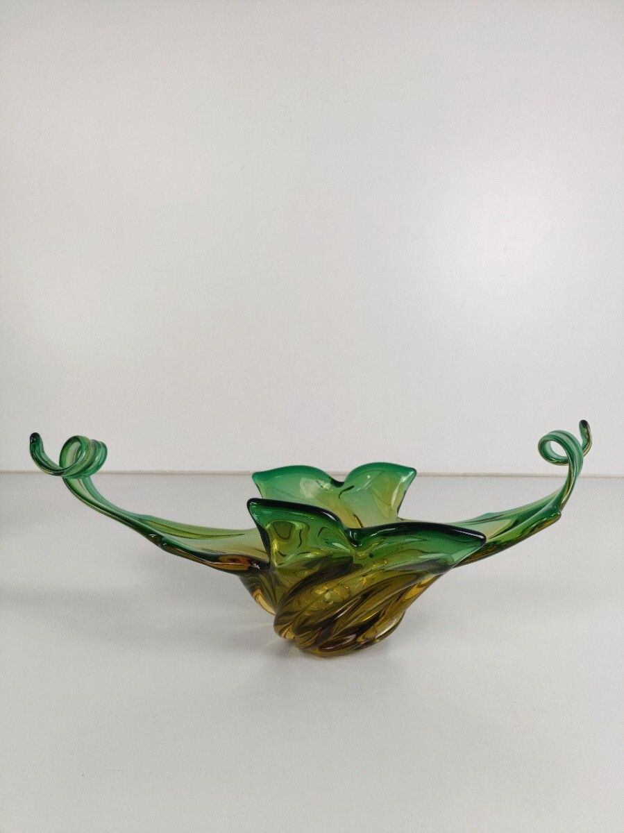 Italian Yellow Green  Bowl Dish Centerpiece Murano Seguso Art Glass Modernist Xl photo furniture