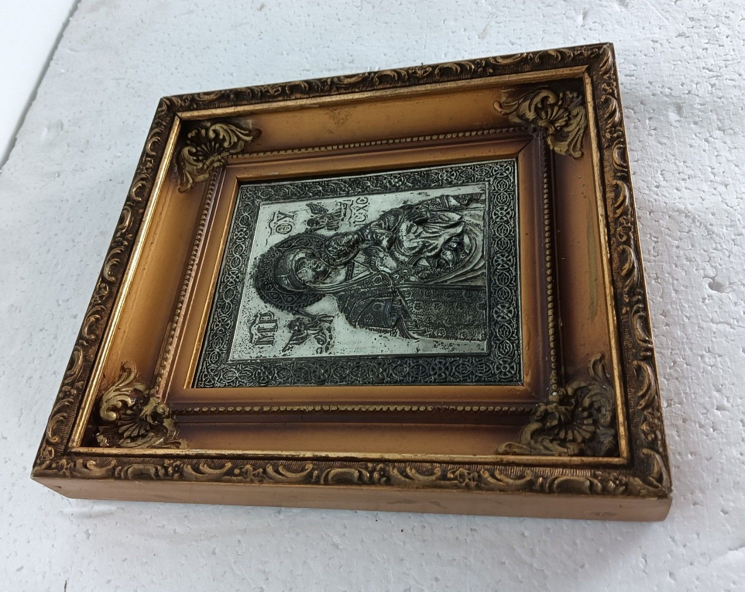 Antique Framed Aluminium  Icon Hand Painted Mary Perpetua Succursu With Infant W photo Art