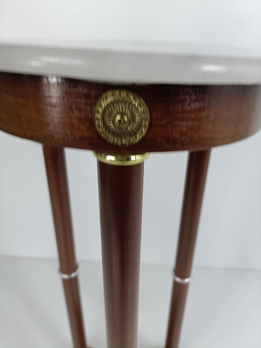 Vintage Pedestal Plant Stand Side Table Column Brass Trims Marble Top Wood Beaut photo for sale