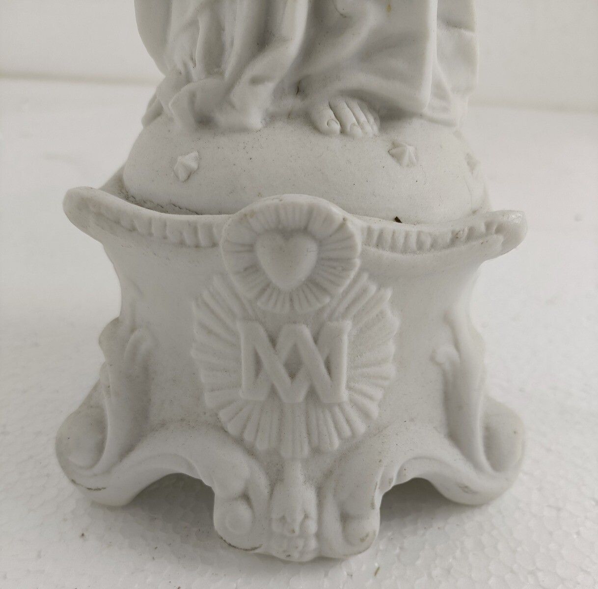French Antique 1900 Bisque Statue Virgin Mary Our Lady With Infant Child Flower photo for sale