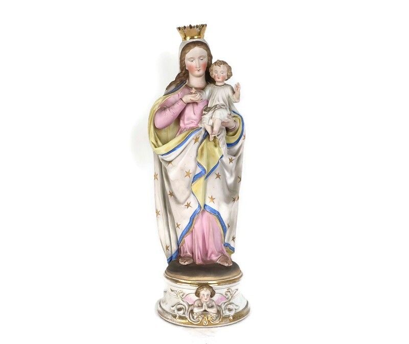 L French Antique Bisque Statue Virgin Mary Lady Madonna Infant Polychrome Antiqu