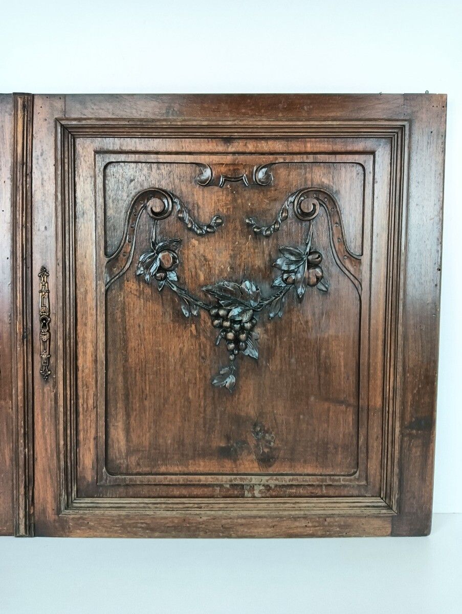 Pair Antique Door Panels Carved Wood Ornate  Grapes Architectural Reclaimed Salv photo for sale