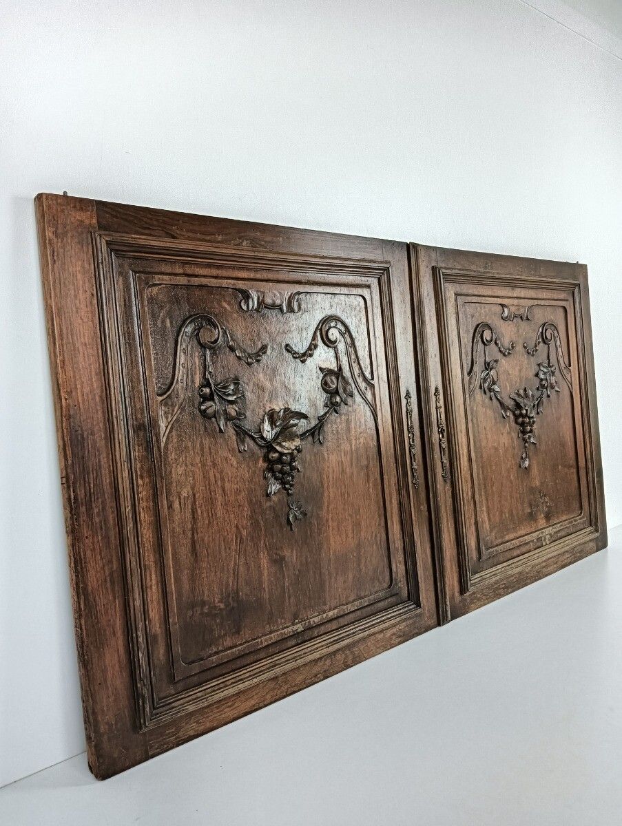 Pair Antique Door Panels Carved Wood Ornate  Grapes Architectural Reclaimed Salv photo Home Fixtures